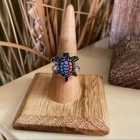 Turtle Dichroic Glass Sterling Silver Ring Size 8 - Picture 1 of 5